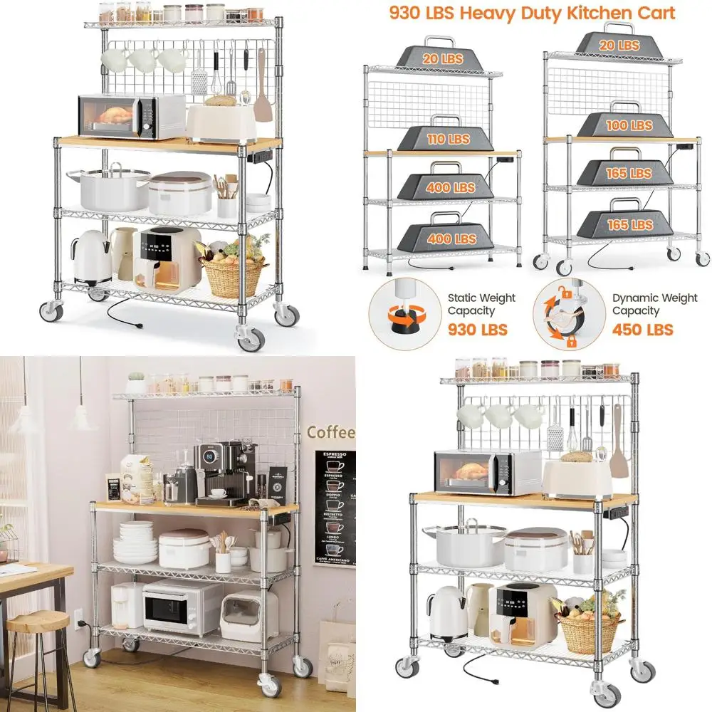 

Кухонная тележка с розеткой, 36 подставками для микроволновой печи, 4-уровневыми полками для хранения, колесами и крючками, сертифицированными NSF, 63x18x36, хром