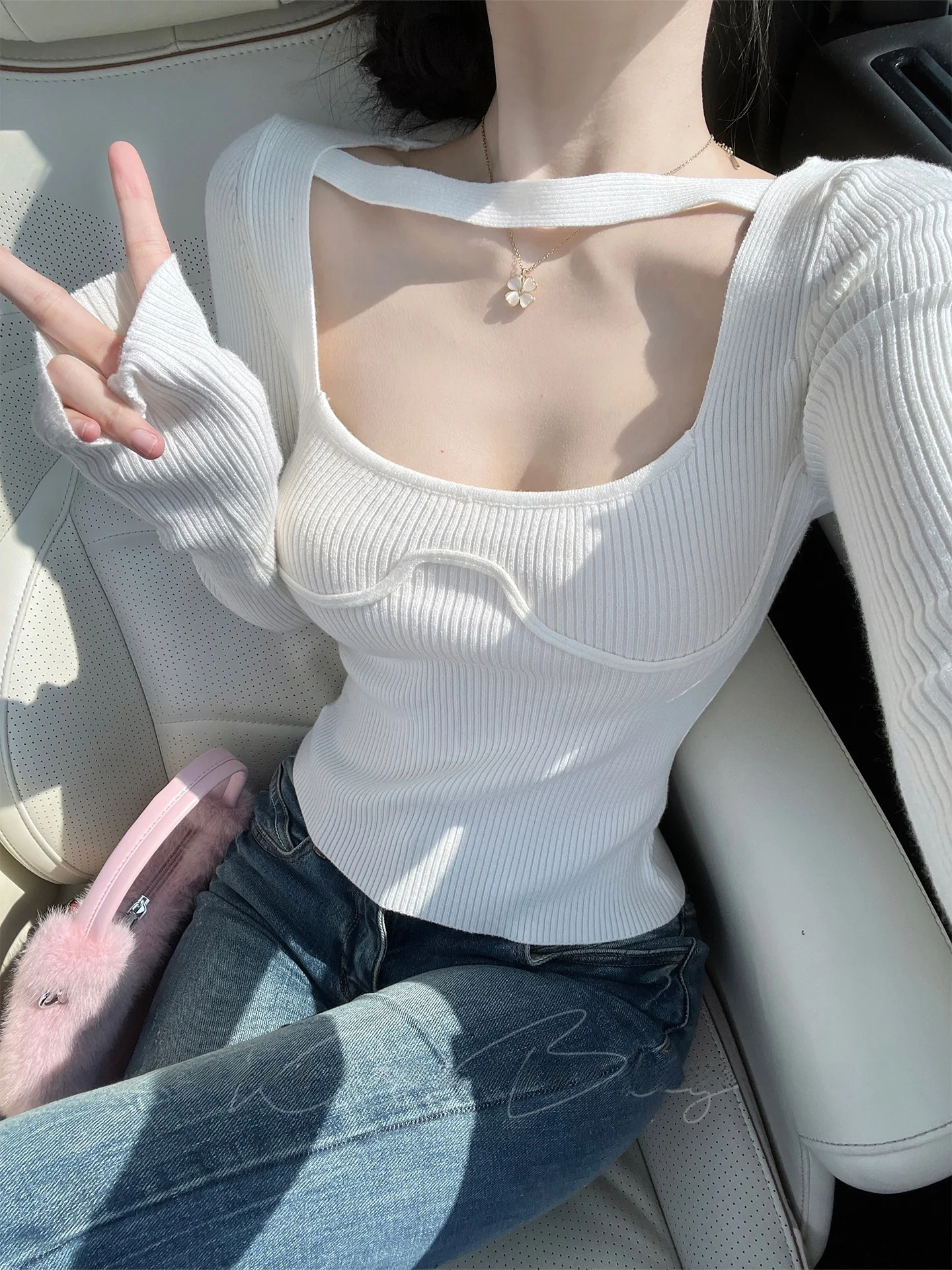 

Ele White Long Sve Knitted Top Women's Waist-Cinching Base Layer irt Versatile Sexy Pure Desire Gentle Moonlight
