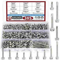 385Pcs 410 Stainless Steel Self - Tapping Tek Screws Assortment Kit, Include #8 #10 #12 Sizes, for Industrial & DIY Projects