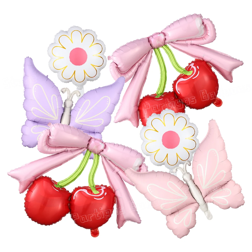 

6Pcs She's The Cherry On Top Decorations Pink Bow Cherry Butterfly Daisy Foil Ballon Fruit Baby Shower Berry 1st Birthday Decor