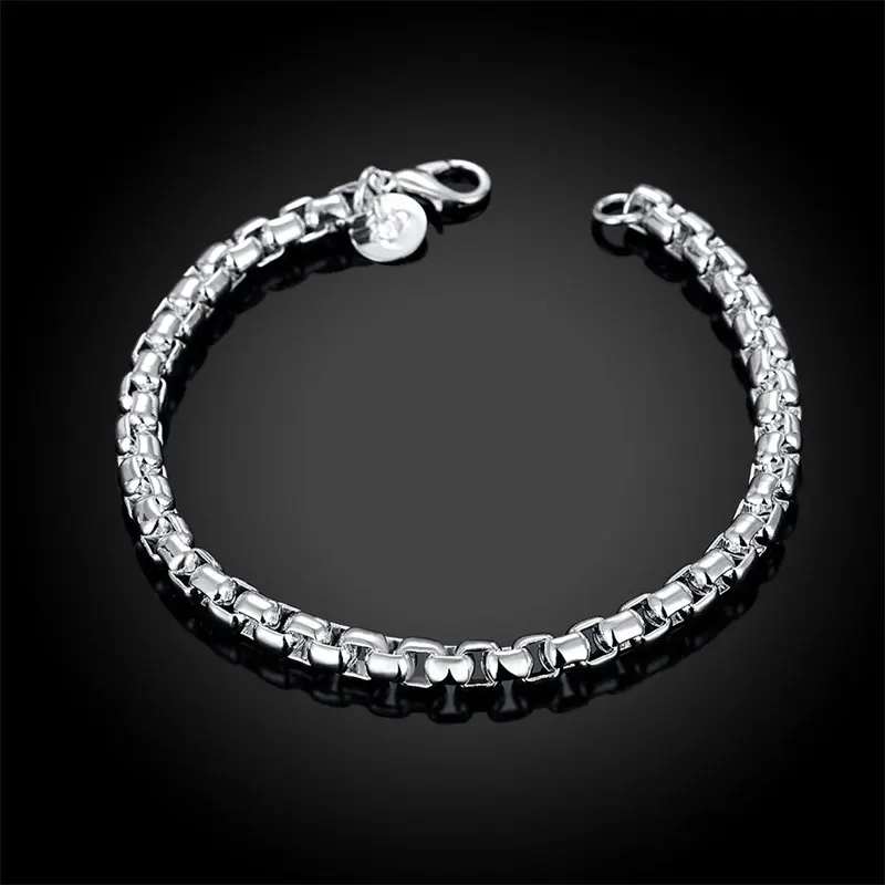 Charm 925 Sterling Silver 8 Inches 4MM Round Box Chain Bracelet For Women Men Fashion Party Wedding Jewelry Gift Wholesale New