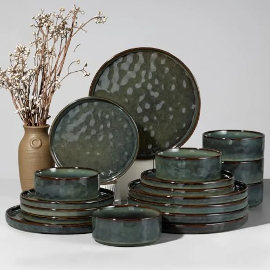 

Набор посуды из 18 предметов для 6 персон: реактивная керамическая посуда цвета мха (тарелки и миски) для дома и ресторана