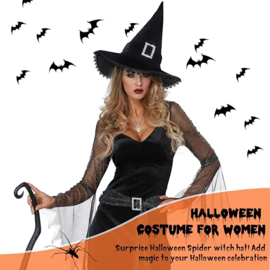 قبعة الساحرة للهالوين إكسسوارات أزياء نسائية سوداء مع هامش من الدانتيل لديكور حفلات Hocus Pocus موضوع مخيف Wearab