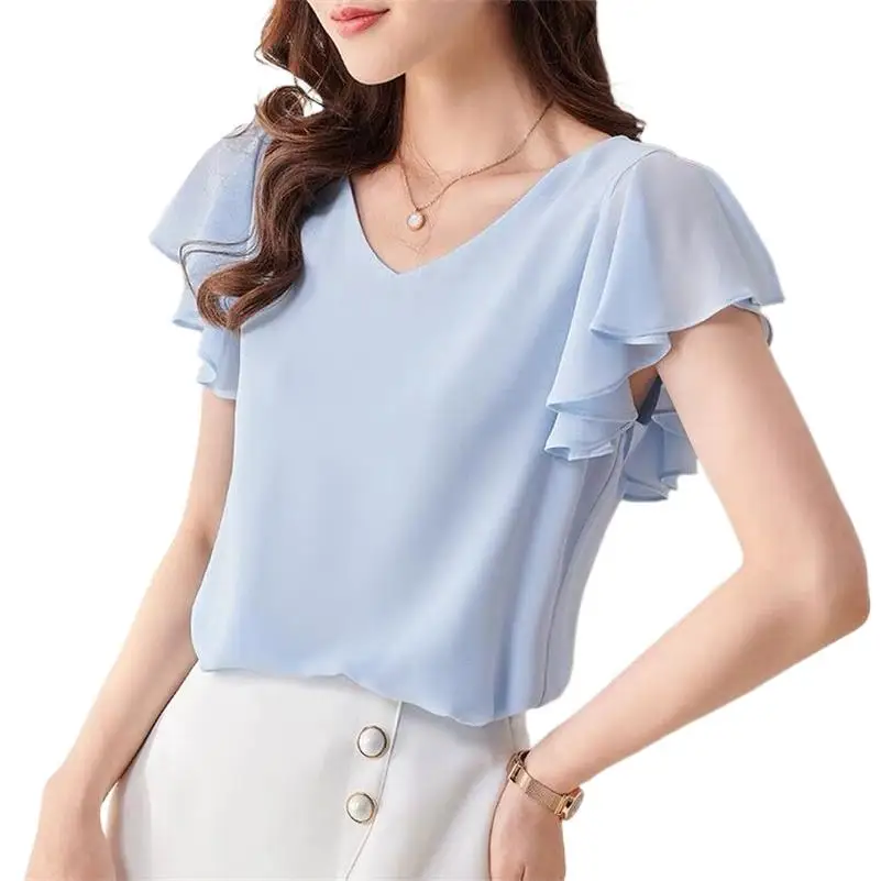 Vrouwen Chique Blouse Effen Chiffon Schattige T-Shirt Zomer Korte Vlinder Mouw V-Hals Casual Tops Elegante Blouse Vrouwelijke Kleding