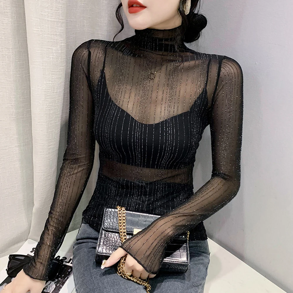 Women Transparent Mesh Shiny T Shirt Club Party Black White Blue Long Sleeve Tee Sexy Thin Female Bottoming Blouses Ladies Tops