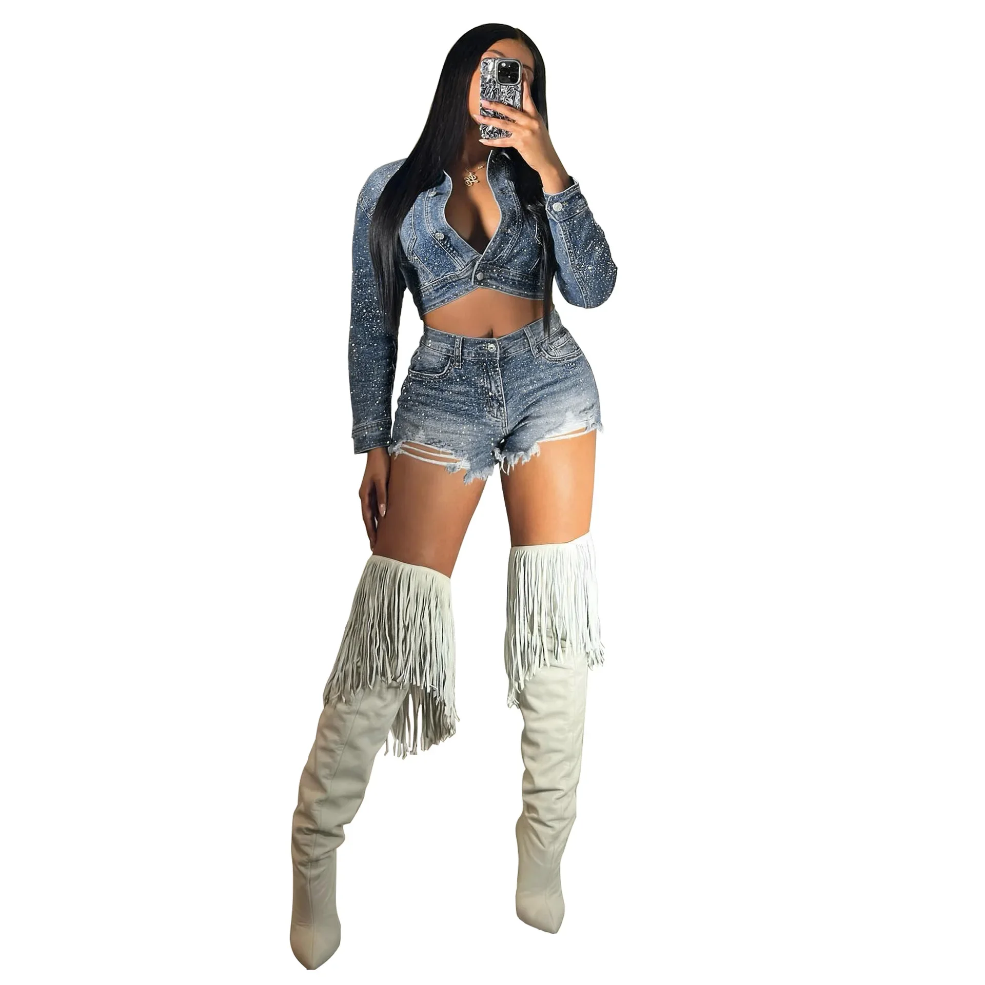 Autumn Outfits for Women 2024 Denim Jacket Shorts Two Piece Sets Streetwear Diamonds Distressed Short Pants Buttons Coat Suit