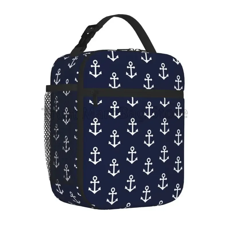 Nautical Anchor Pattern Lunch Box Reusable Oxford Bento Tote Bag Large Cooler Thermal Lunch Bags for Travel Work Picnic Beach