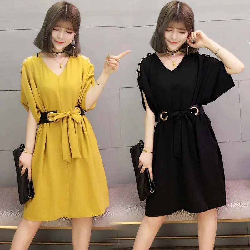 

New Spring and Summer Fashion Simple Casual Elegant Solid Color Waist Cinched Women's Plus Size Batwing Sleeve Loose Dress