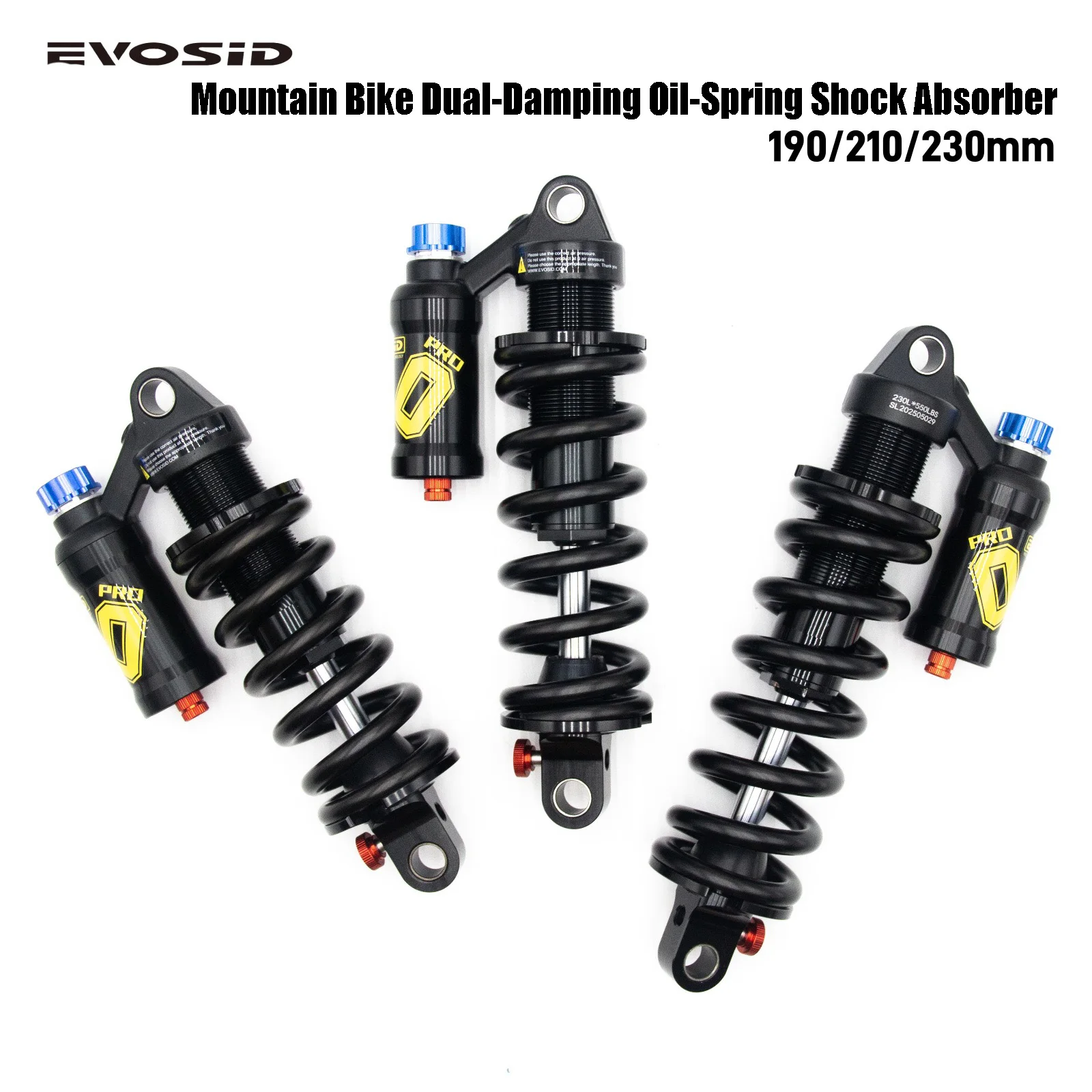 EVOSID Mountain Bike Rear Shock Absorber 550LBS Suspension Spring Soft Tail Shock 190mm/210/230mm for AM/FR/DH/MTB Bicycle Shock