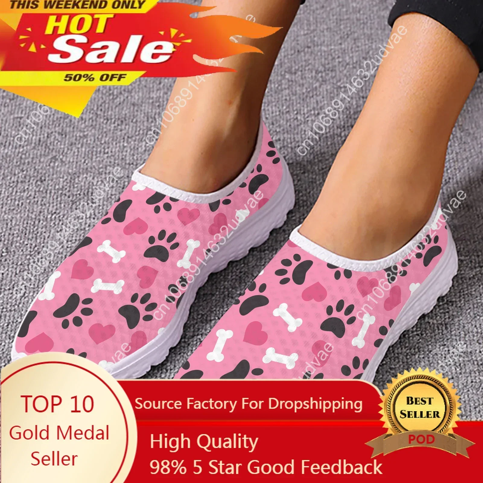 

Pink Dog Paw Love Print Loafers Woman Summer Air Mesh Flats Girl Lightweight Breathable Slip On Sneakers Women