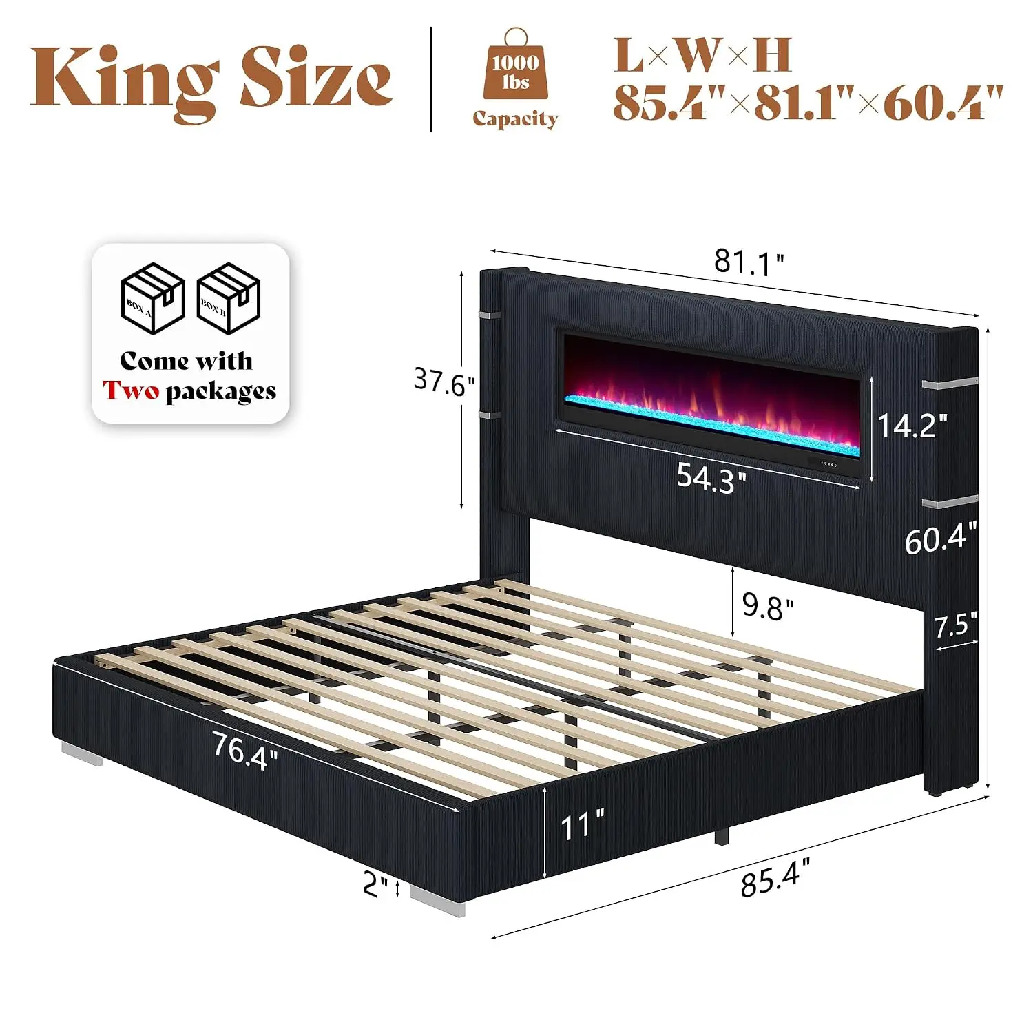 King Bed Frame with Fireplace & Upholstered Headboard, Customized