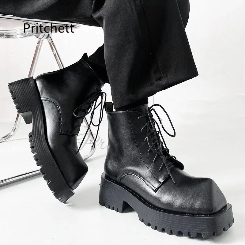 Rhino Horn Motorcycle Boots Men's British Style Women's Thick Bottom Ankle Boots High Top Lace Up Couple Shoes for Men Women