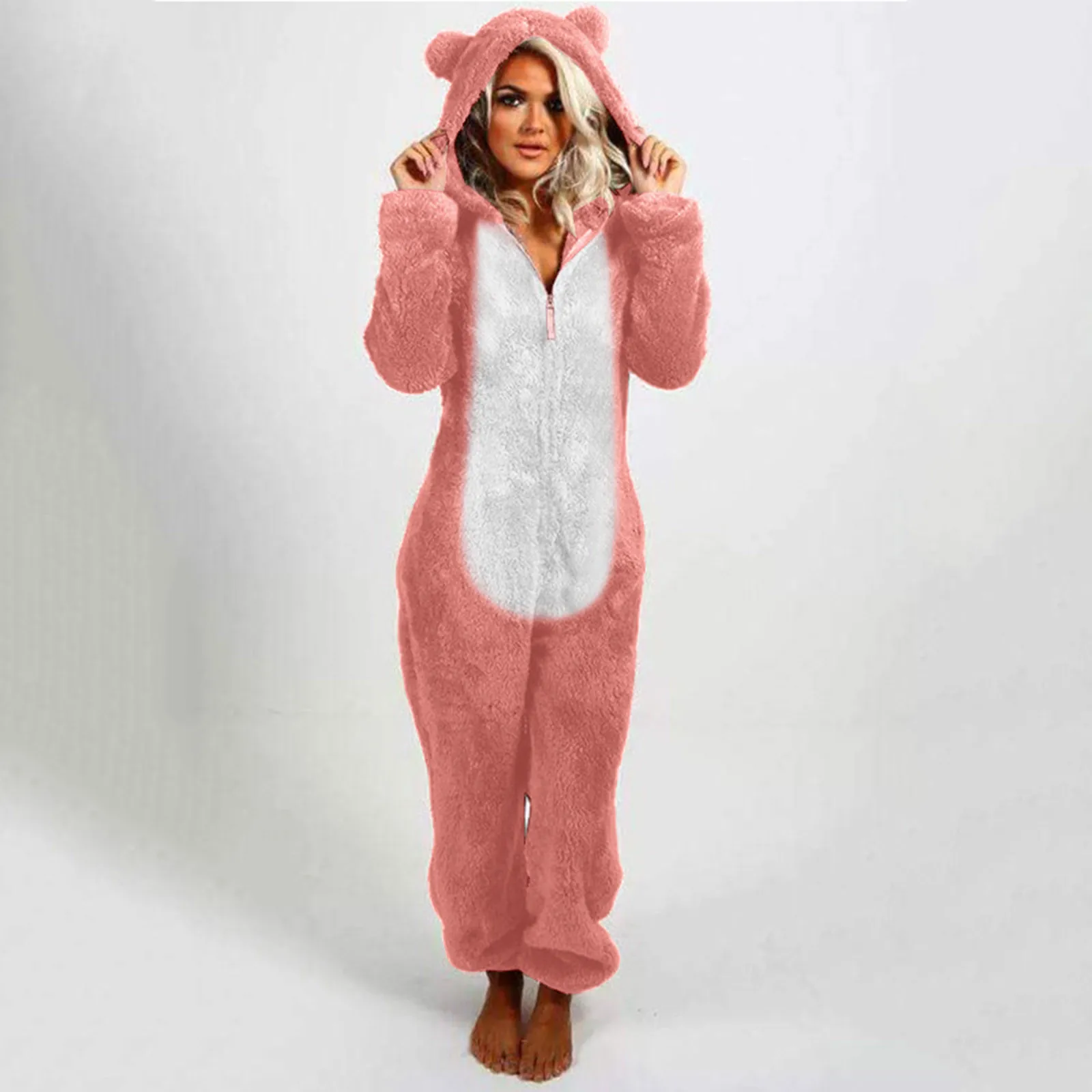 Women'S Long Sleeved Hooded Jumpsuit Pajamas Winter Casual Plush Warmth Cute Rabbit Ear One Piece Pajamas Women'S Pajamas