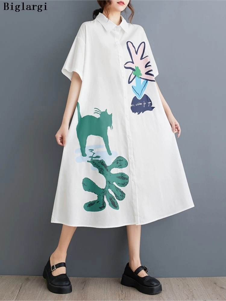 Oversized verão camisa vestido feminino impressão moda casual solto senhoras vestidos de manga curta mulher camisas longas vestido