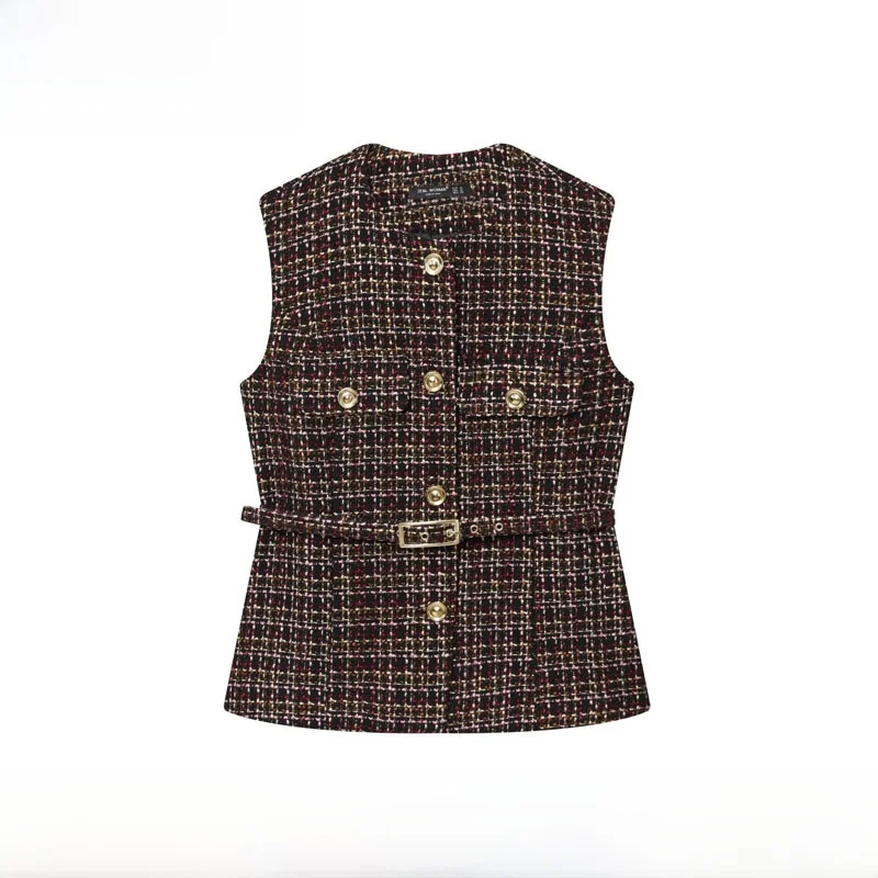 

Модный женский укороченный жилет из полиэстера с текстурой, декорированный поясом, в уличном стиле, с пуговицами, новинка осень-зима