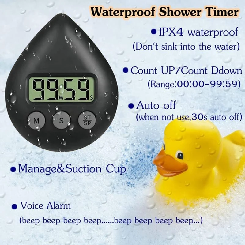 Silent Non-Ticking Battery Operated Shower Timer, Waterproof Digital Timer, Small Size Cute Timer Black Easy Install