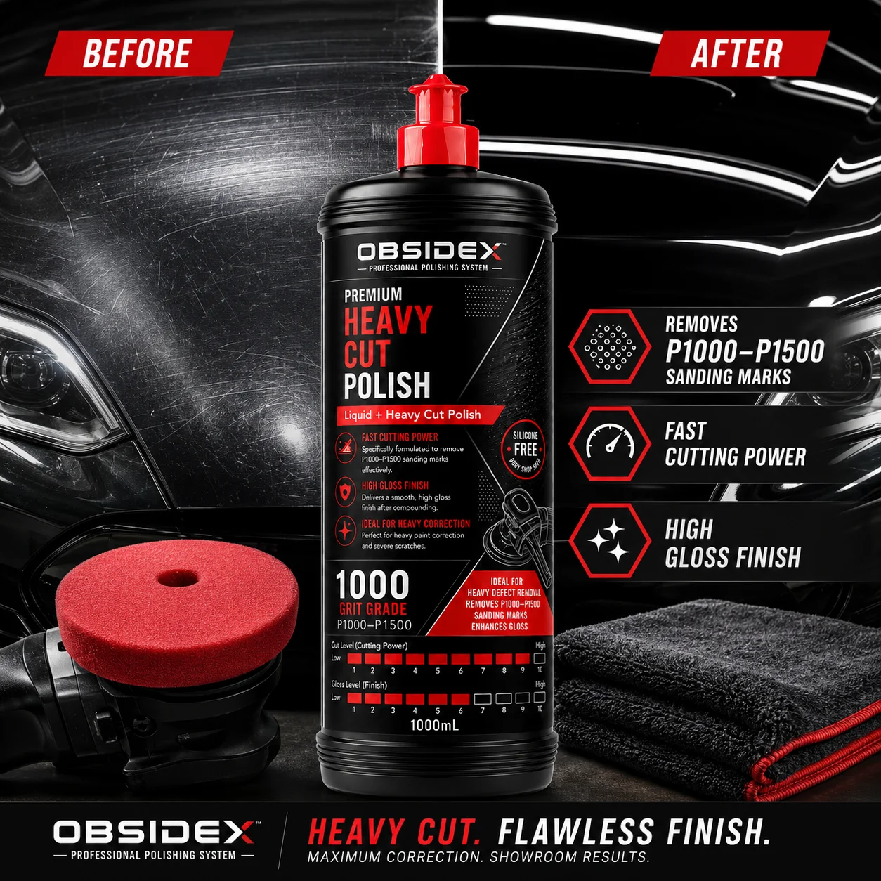 OBSIDEX Heavy Cut Polish – Professional Liquid Compound for Heavy Paint Correction, Scratch Removal & High-Gloss Shine