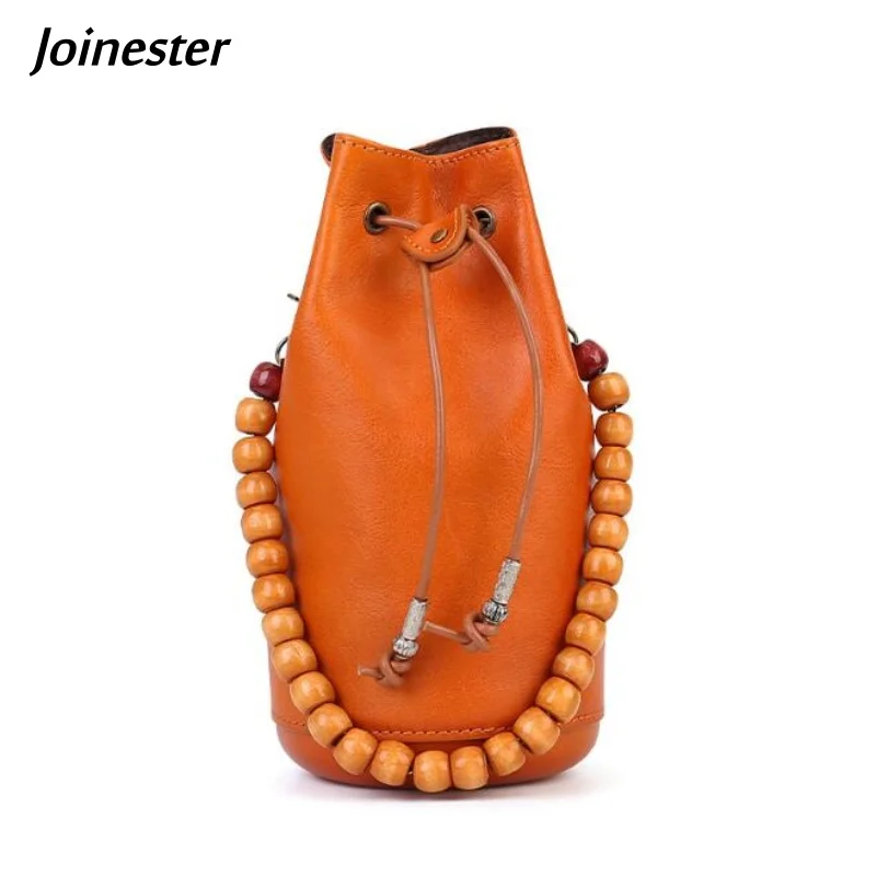 Women Vintage Style Vegetable-tanned Full Grain Leather Bucket Handbag Beadings Handle Versatile Small Shoulder Messenger Bags