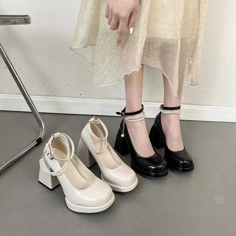 Fashion Ankle Strap Pearl Pumps for Women New High Heels Platform Mary Janes Woan Round Toe Thick Heel Party Shoes Female