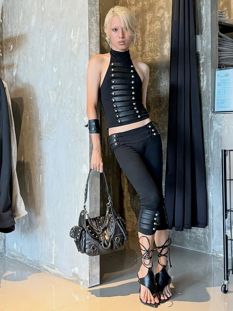 Kliou Button Decoration 2-Piece Set Women Faux Leather Patchwork Turtleneck Tank Tops+Elastic Waist Crop Pants Sexy Fashion Suit