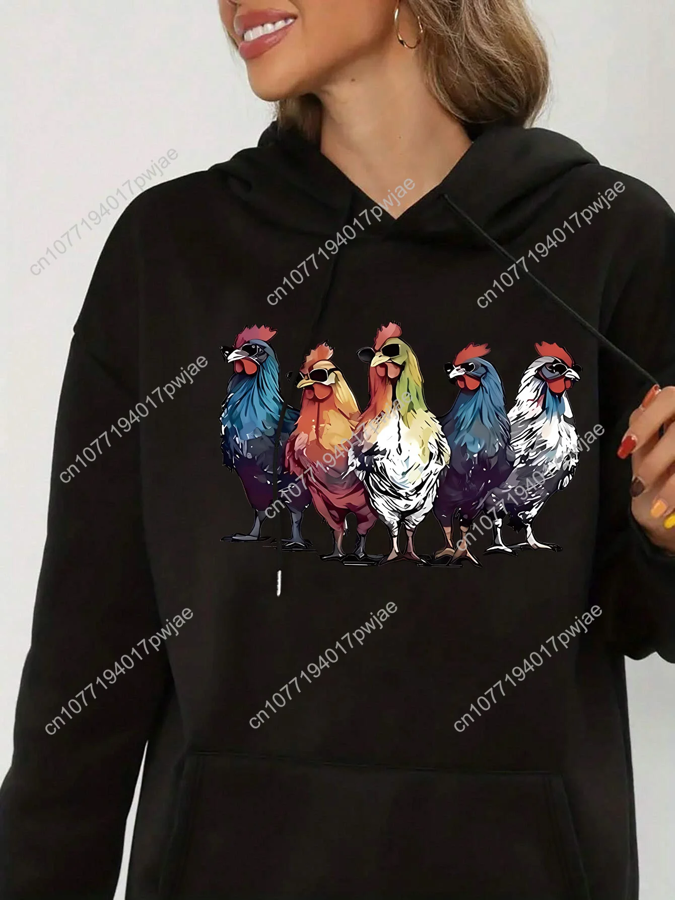 Moletom feminino aconchegante com capuz forrado de lã e estampa de frango colorida – manga comprida casual, lavável à máquina, perfeito para o outono