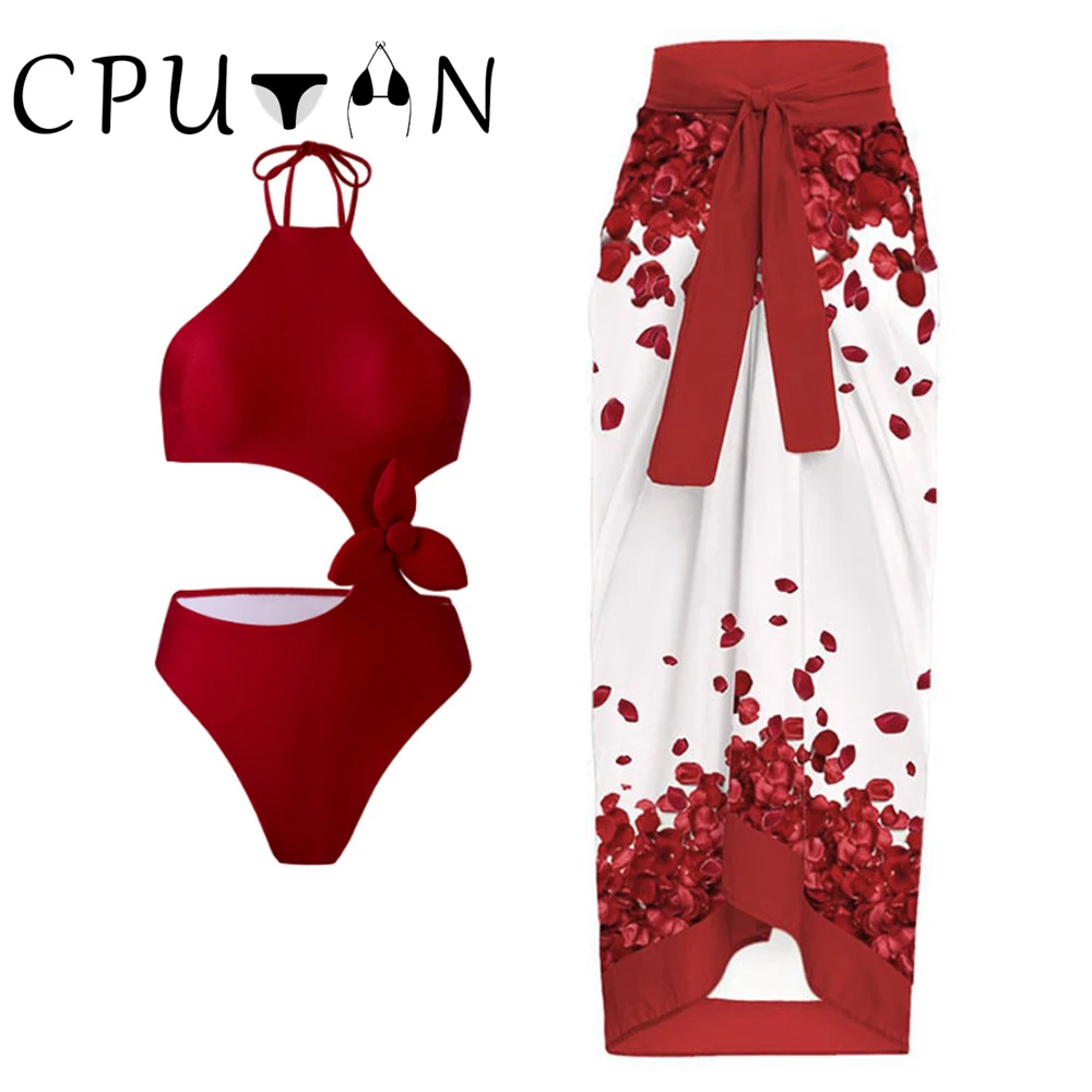 CPUTAN Floral One Piece Swimsuit 2025 New Halter Bandage Swimwear Women Swimsuit Bathing Suit Beachwear Monokini Female Swimming