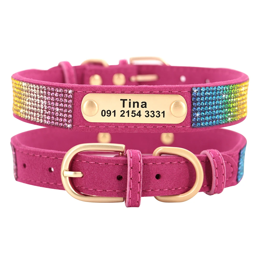 Custom Crystal Dog Collar Soft Leather Pet ID Collar Personalized Rhinestone Collars Adjustable For Small Medium Large Dogs Cat