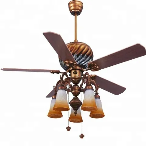 52 Inch Low Profile Classic Design Decorative Ceiling Fan Light With 5 Pieces Reversible Wood Blades+Pull Cord Control