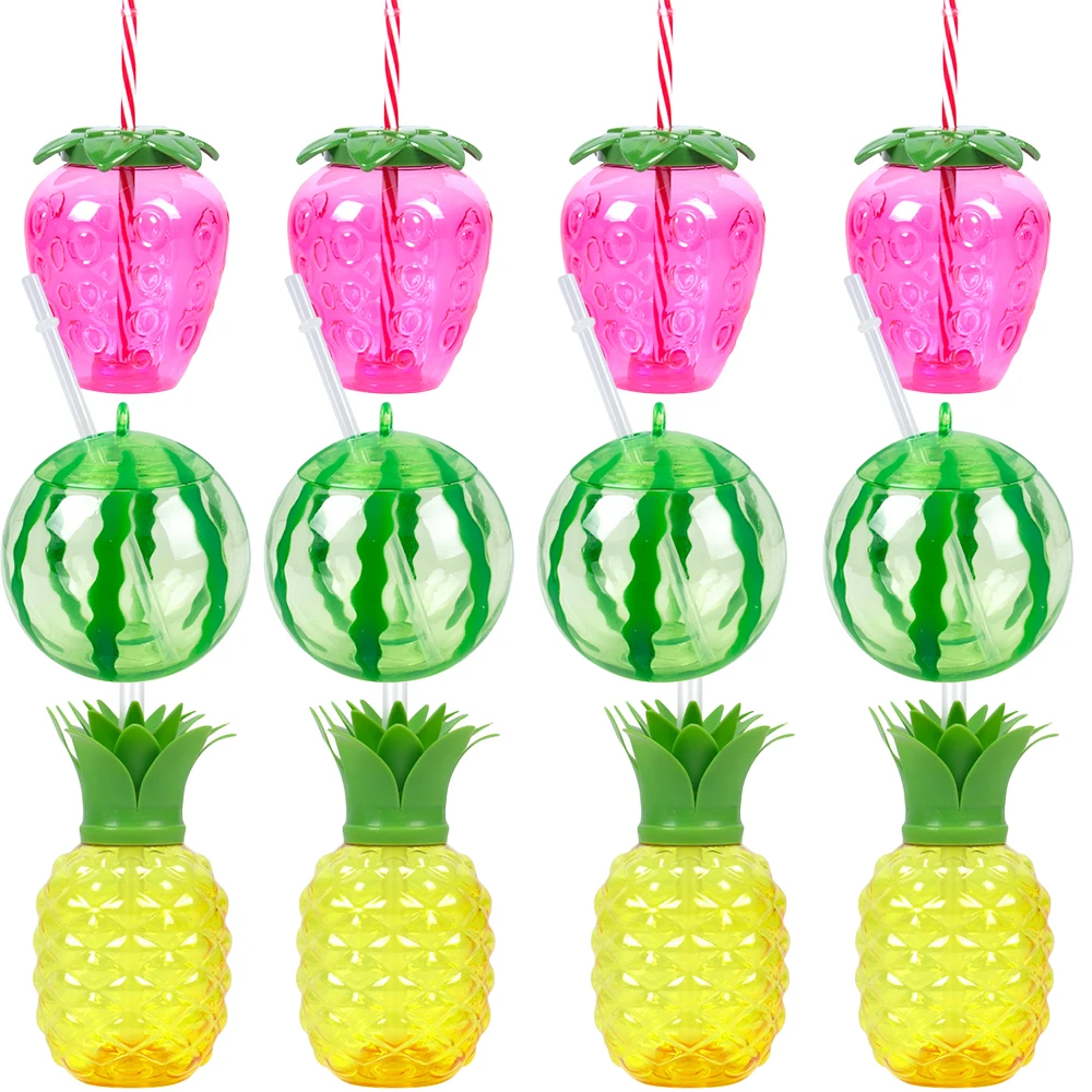 Plastikowe kubki do napojów arbuzowych Ananasowe kubki truskawkowe ze słomką Letnia plaża Basen Aloha Party Favor Hawaiian Luau Party Decor