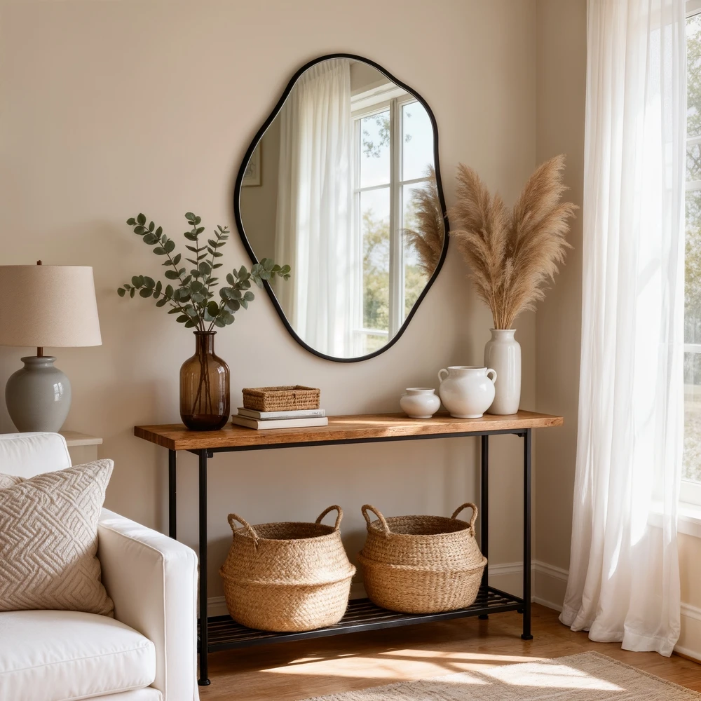 Asymmetrical Black Wall Mirror, Large Irregular Modern Wall Mounted Mirror with Aluminum Alloy Frame, Unique Freeform Decorative Art Mirror for Living Room, Bedroom, Entryway & Hallway