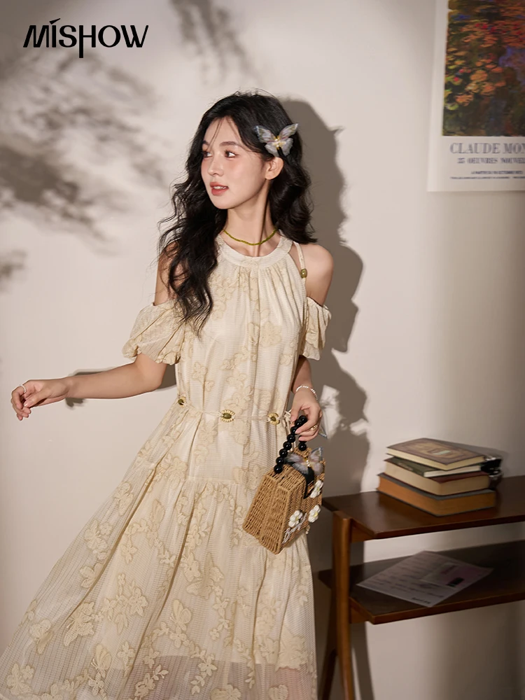 MISHOW French Sweet Off Shoulder Hanging Neck Dress 2024 Summer Temperament Holiday Fairy Dresses with Bohemian Belt MXD27L1809