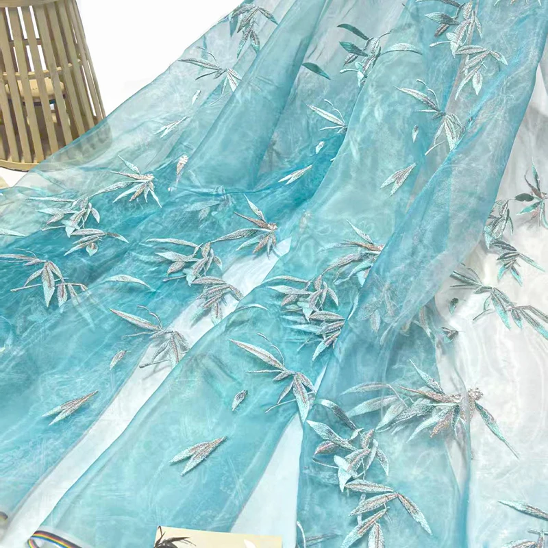 竹刺繍オーガンザ生地 DIY 馬の顔プリーツスカートチャイナ縫製グラデーションヘビー刺繍竹デザイン生地