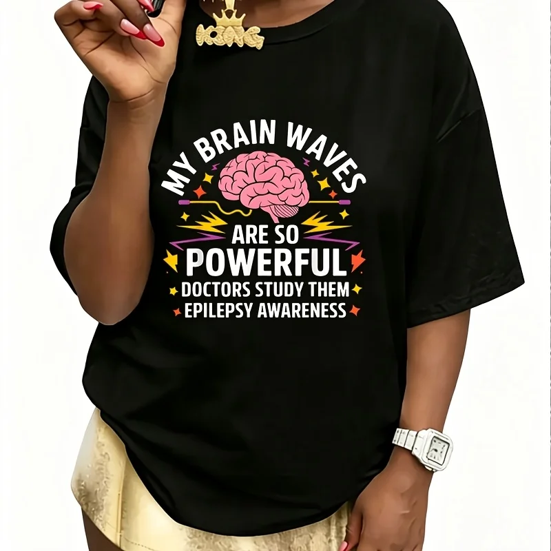 Epilepsy Awareness My Brain Waves Are Powerful Doctors Study Women's 100% Cotton T-Shirt Short Sleeve Top Casual Round Neck Fun Print Tee S-5Xl