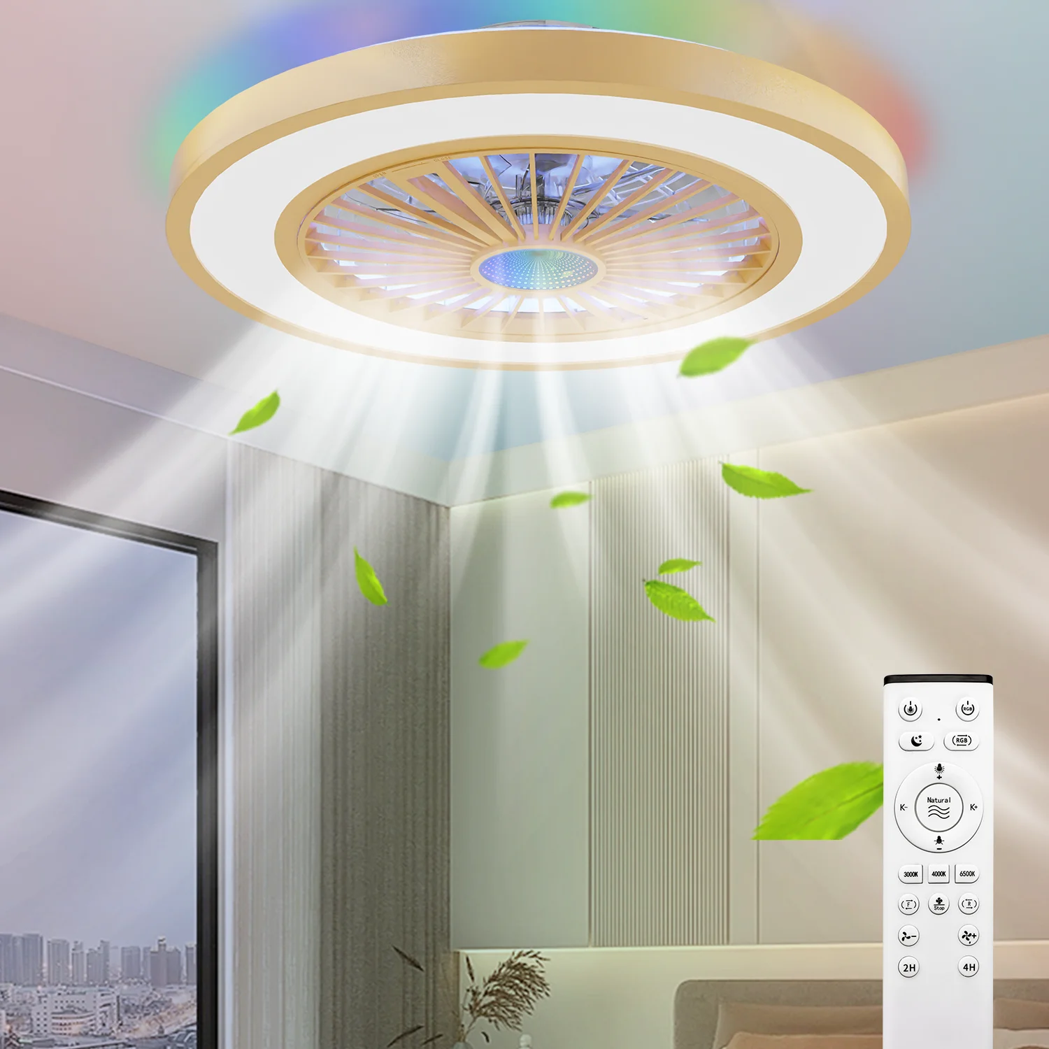 

22 Inch Enclosed Ceiling Fans With Lights And Remote, RGBW Multi-Color Nightlight, Dimmable, 3000K to 6500K Color, 6 Speeds