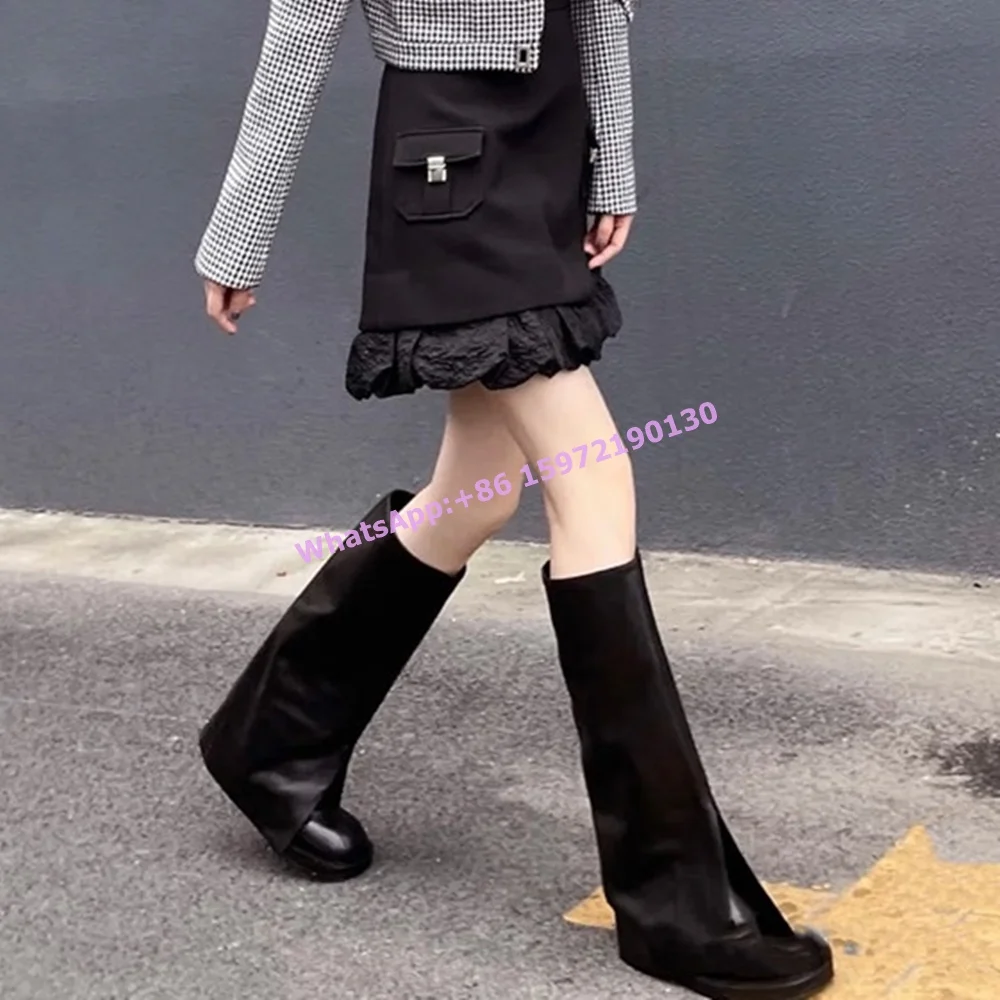 Black Turn Over Edges Boots Square Toe Slip On Slouch Thick Soled Knee High Boots Solid Concise Basic Women's Winter Shoes