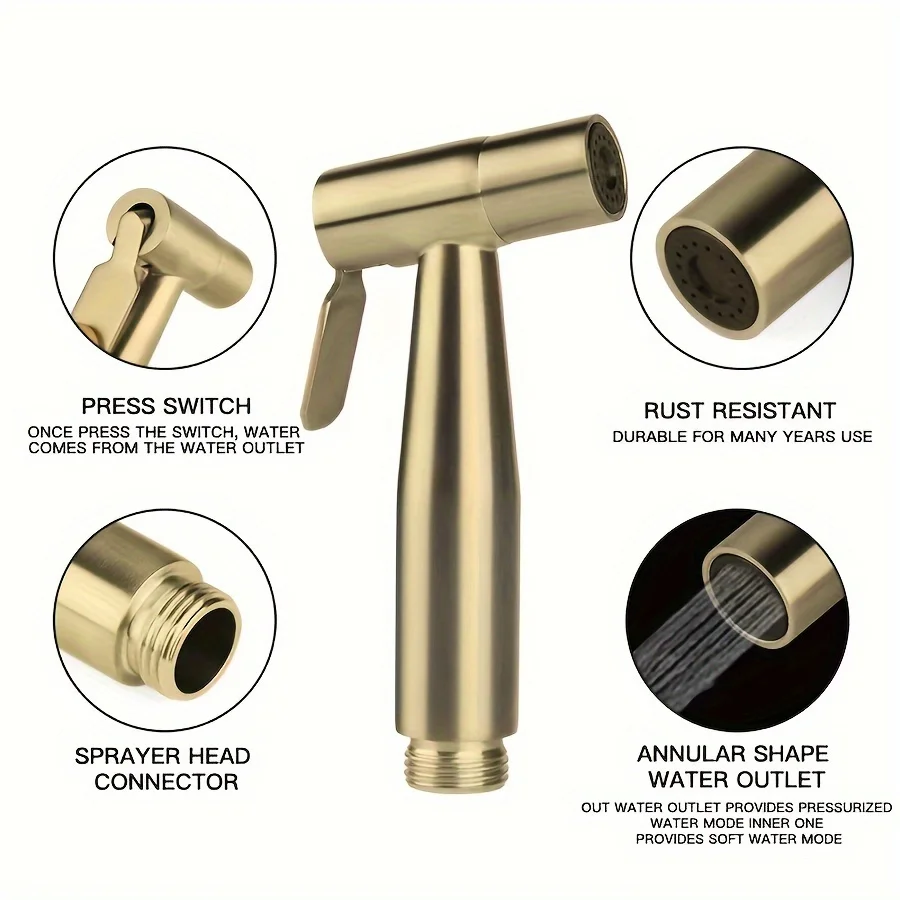 

3-piece gold stainless steel shower set, including handheld spray gun and water pipe - suitable for 0.79-inch installation