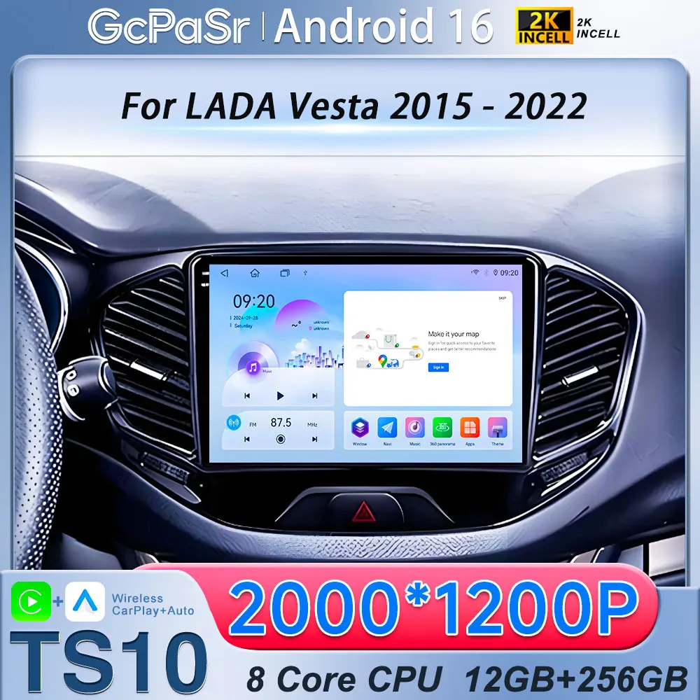 Carplay para LADA Vesta 2015 - 2022, Rádio de Carro Android 16, Reprodutor Multimídia, GPS, Bluetooth, DSP, Estéreo 2din com Tela QLED