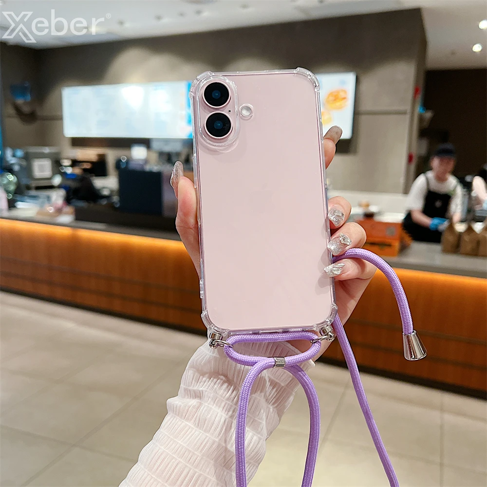Coque IPhone 16 Avec Cordon Collier Cœur D'Amour – Housse TPU Transparent + Bandoulière Réglable Or Noir