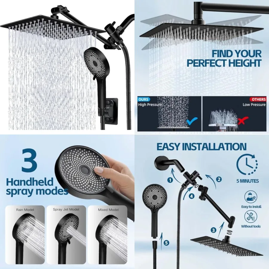 

Shower Head, High Pressure Rain Shower Head with Handheld Spray Combo, Adjustable Dual Rainfall Shower Head - Showerhead Comb S