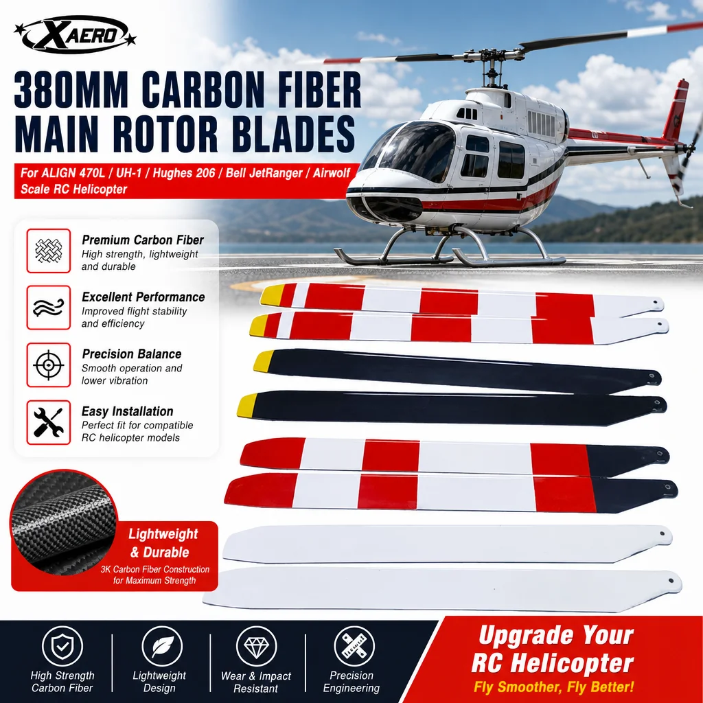 380mm Carbon Fiber Main Rotor Blades for ALIGN 470L UH-1 Hughes 206 Bell JetRanger Airwolf Scale RC Helicopter Parts