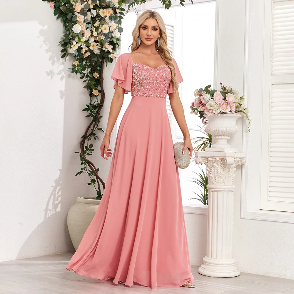 ICCLEK Chiffon Patchwork Ruffle Sleeves Sequined Dress In Pink Evening Dress For Valentines Day Bridesmaid Long Dress Ball Gown
