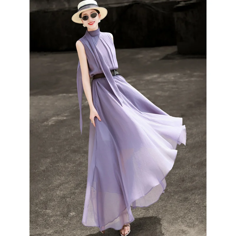 

MEXCOCO 2026 Summer Solid High Neck Sleeveless Maxi Dress Ribbon Belt Waist Irregular Flowy Chiffon Elegant Women Beach Dress