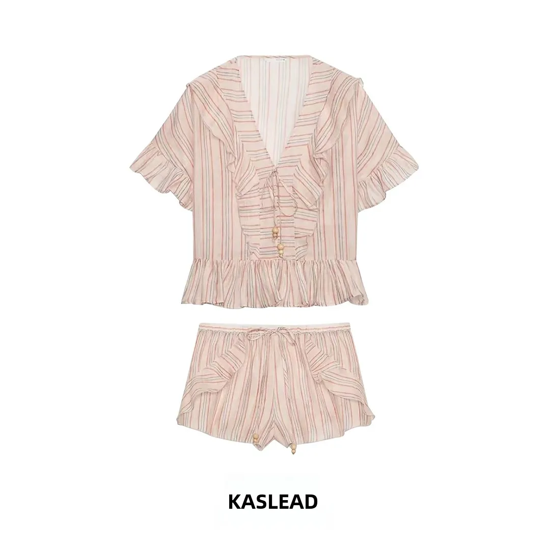 KASLEAD New Women's Fashion Striped Decorative Shirt Shorts Set V-Neck Short Sleeve Regular Fit Summer Anti-Wrinkle