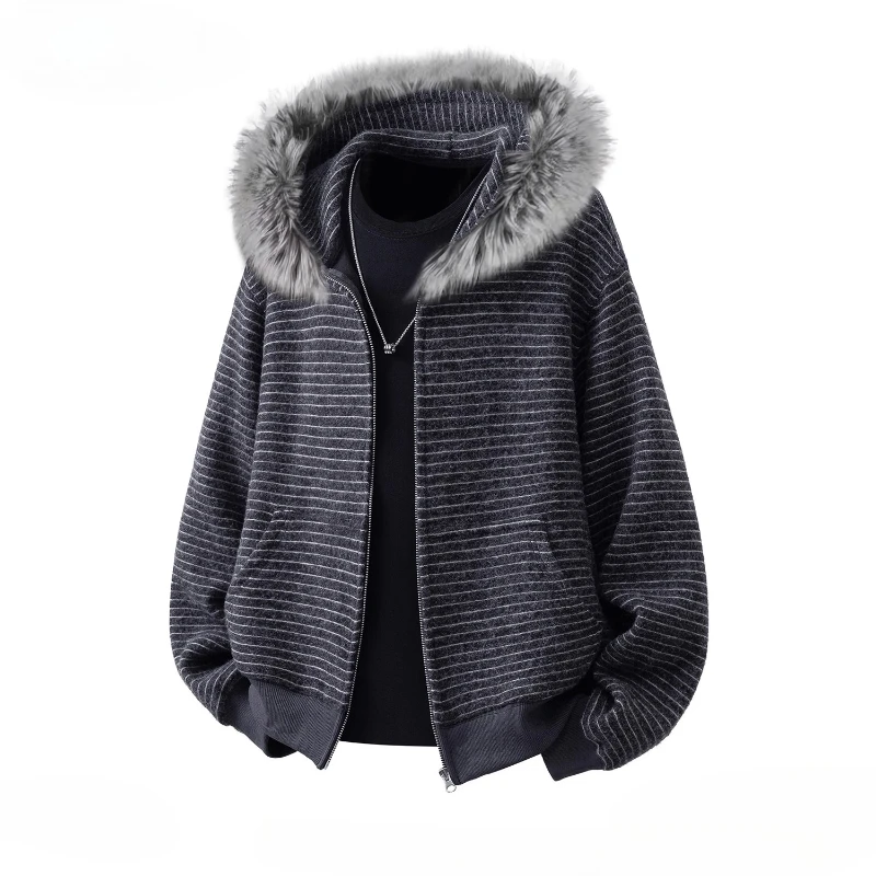

Zip Up Hoodie Man Stripe Hoodies Women Fashion Fur Collar Vintage Sweatshirt Hooded Zipper Coat Japanese Designer Harajuku 2025