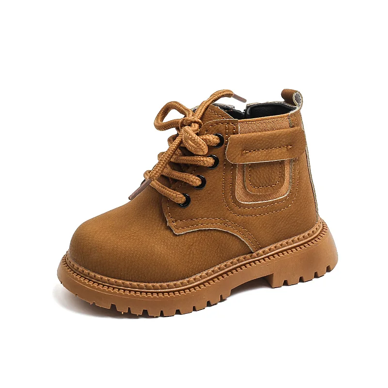 

Boys Boots Spring Autumn Kids Boots For Girl Soft PU Leather Ankle Shoes Side Zip Lace-up Children Short Boots Black, Khaki