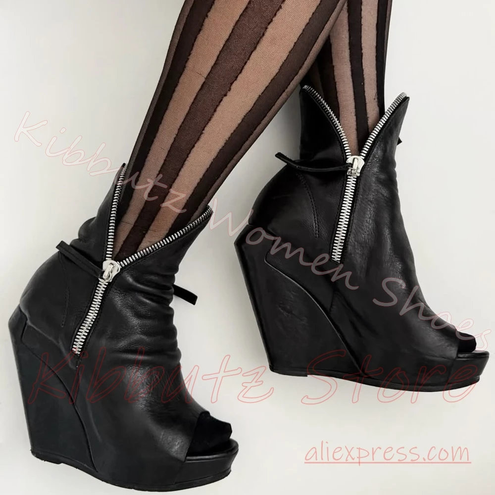 Peep Toe Ankle Sandal Boots Platform Women Ruched Leather Shoes Wedge Double Zipper Heel Footwear Leather Street Goth Style New