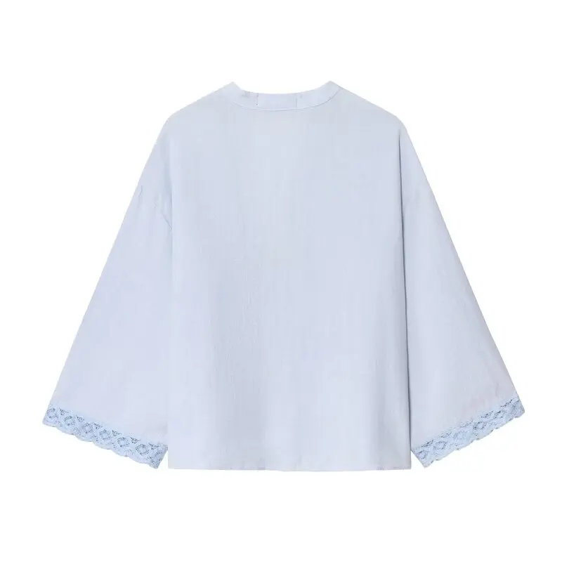 2025年秋新作 レディース リネン混紡 レース 長袖 Vネック シャツ 快適 通気性 ゆったり コットン ポリエステル混紡