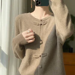 100% Pure Wool Cardigan Jacket Women's 2024 Spring/Summer New Round Neck Long-sleeve Loose Knit Sweater Chinese style Coat Hot