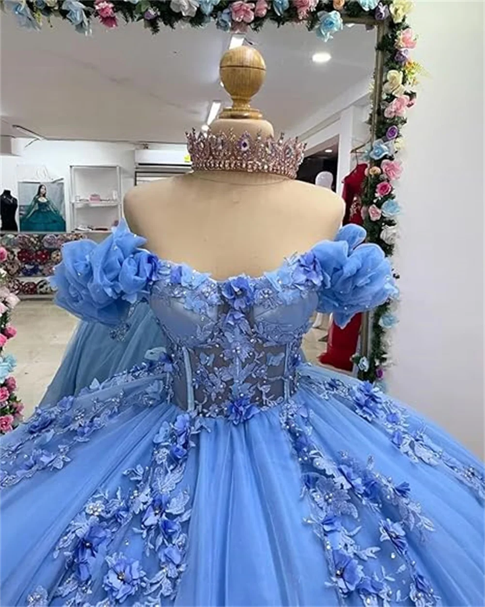 تخصيص كشكش قبالة الكتف فساتين Quinceanera تول ثلاثية الأبعاد زهرة مشد الكرة ثوب بريق مطرز فراشة الحلو 15 16 فساتين #3