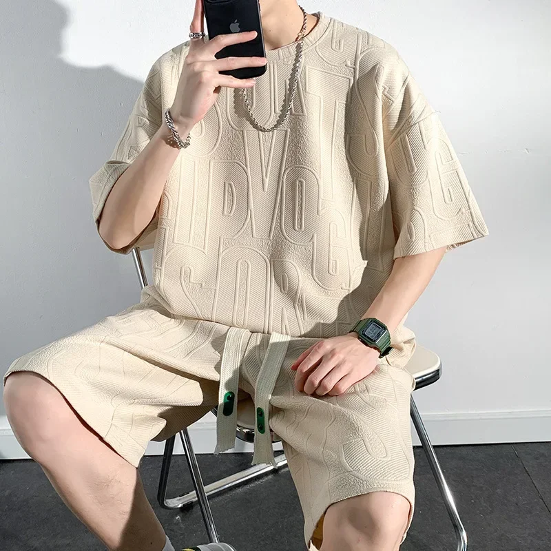 

LIBIELIY Men Sets Summer O-neck T-shirts Baggy Harajuku Shorts All-match Breathable Ulzzang High Street Teens Male Stylish Hand